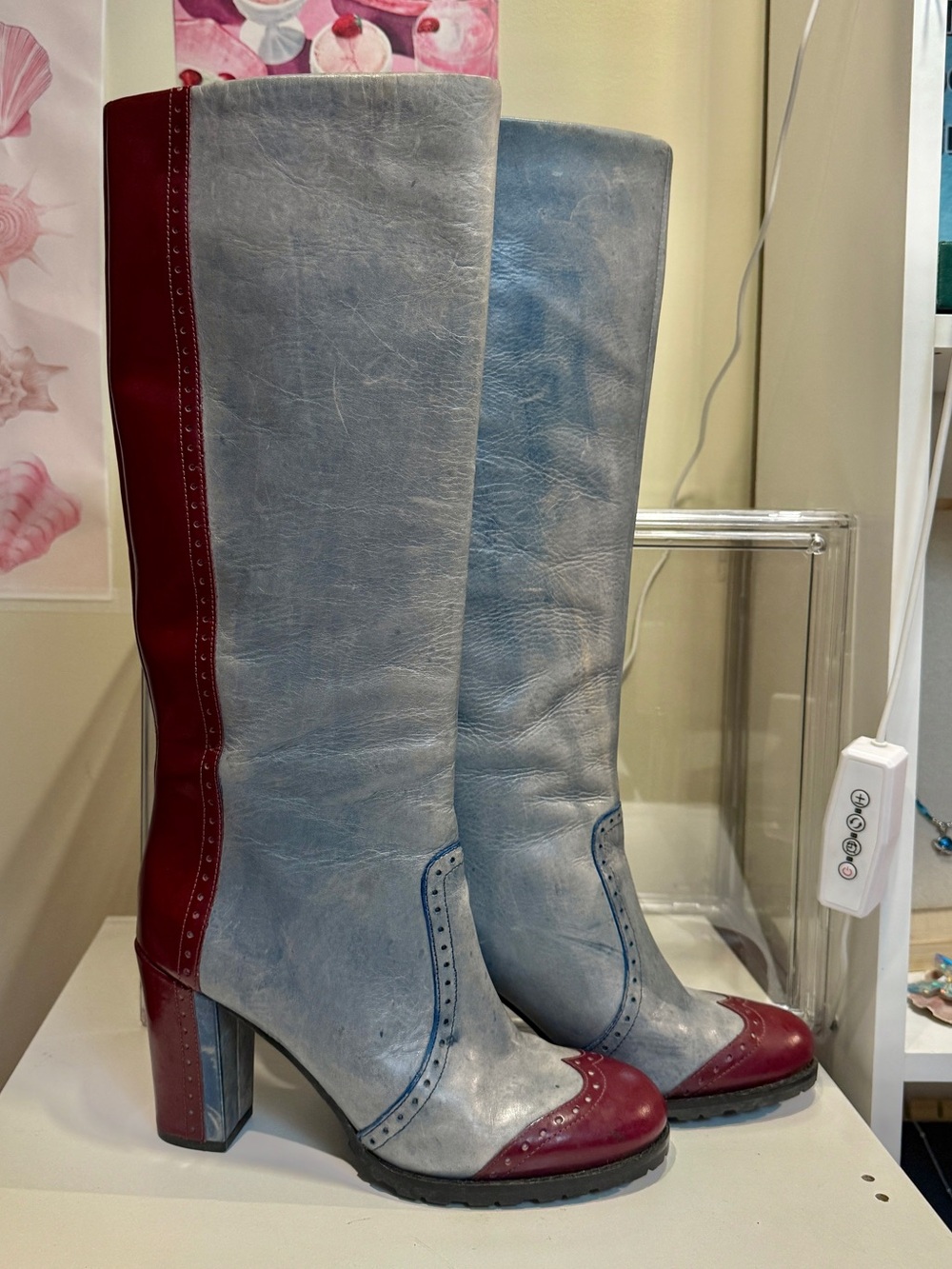 Distressed genuine Burgundy &Blue leather boots